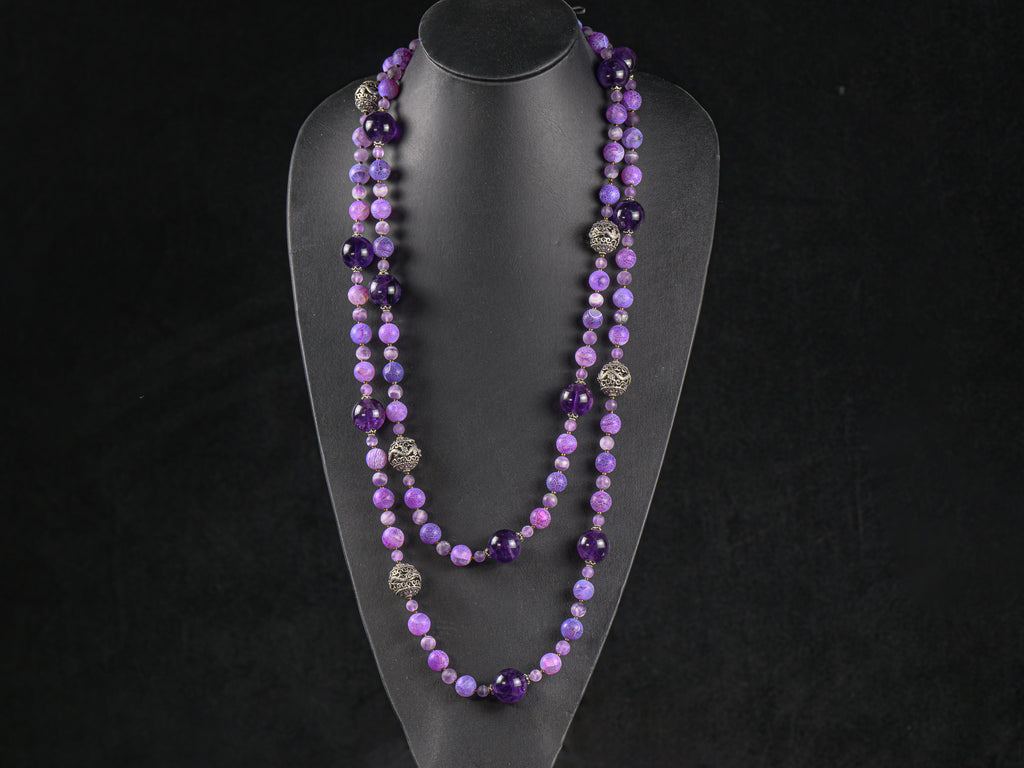 A Long Wrap-around Necklace of Amethyst, Purple Fire Agate and Silver Dragon Beads Media 1 of 7