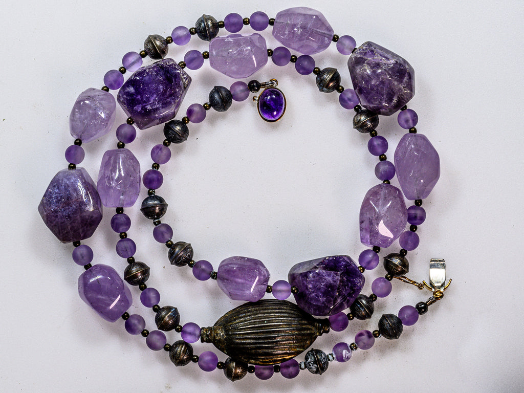A necklace of amethyst and tribal silver, amethyst necklace, amethyst and silver, February birthstone