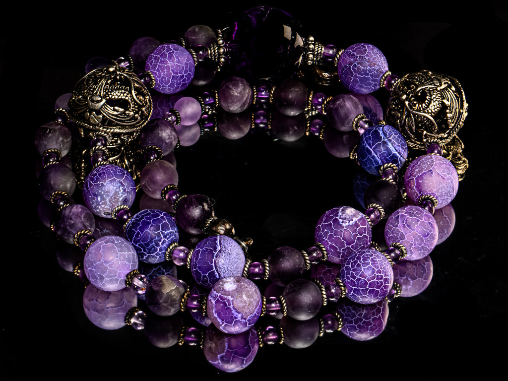 A 20" Necklace of Amethyst, Purple Fire Agate and Silver Dragon Beads