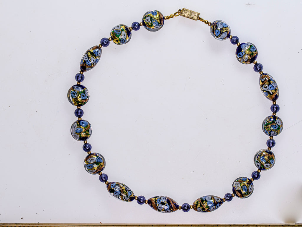 Artisan Murano Glass Gold and Silver Leaf Necklace in Blue and Purple Tones