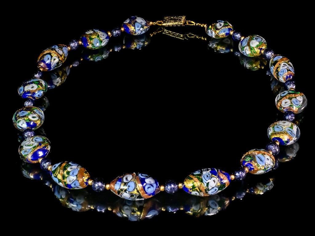 Artisan Murano Glass Gold and Silver Leaf Necklace in Blue and Purple Tones