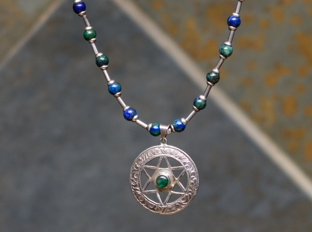 Vintage Sterling Silver and  Blue-Green Lapis Lazuli Necklace with a  Star of David Pendant