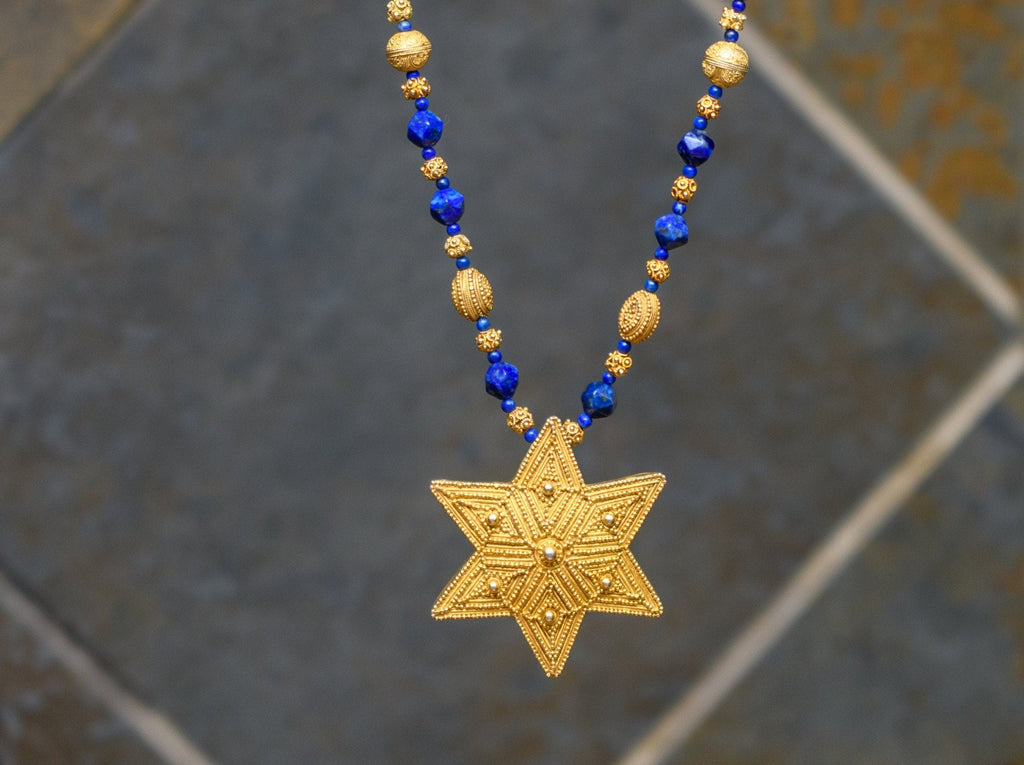 Lapis Lazuli and Mauritanian Gold-Wash Silver Necklace with Mauritanian Gold Wash Star of David