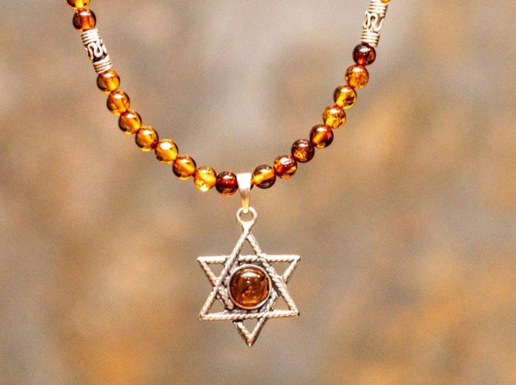 Necklace of Genuine Baltic Amber and Sterling Silver Star of David
