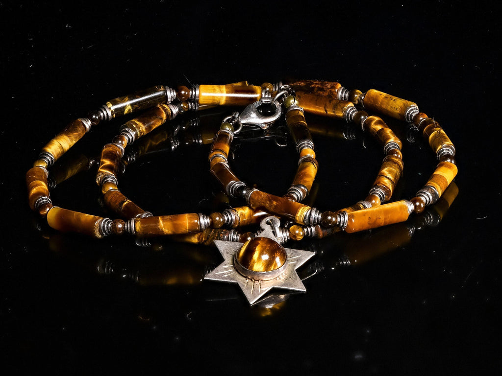 Necklace of Tiger Eye and Vintage Filigree Sterling Silver Star of David with Tiger Eye stone TGE2