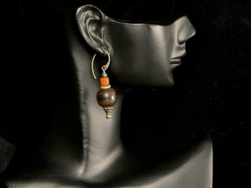 Earrings of Antique Yemenite Black Coral, Antique Red Mediterranean Coral, and Silver