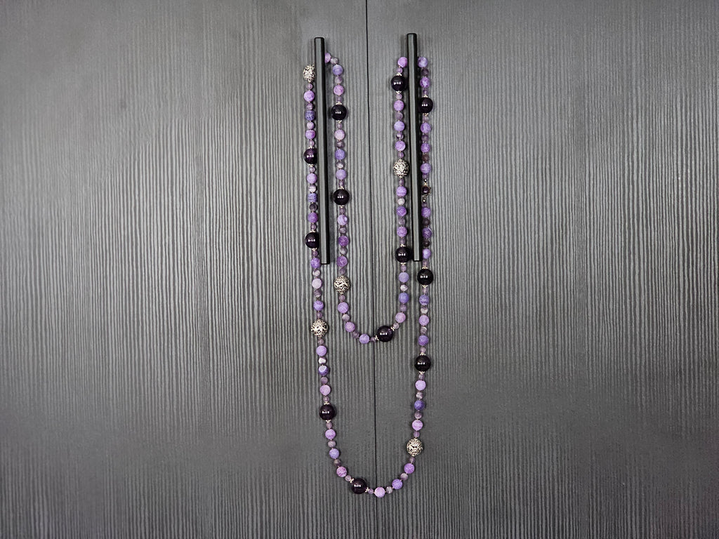 A Long Wrap-around Necklace of Amethyst, Purple Fire Agate and Silver Dragon Beads Media 1 of 7