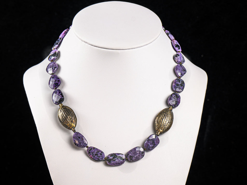 A Necklace of Rare Purple Charoite  Gemstone and Tribal Silver
