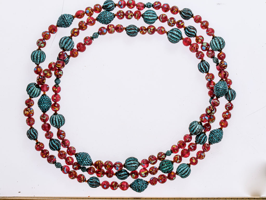 A Long Necklace of Tombo Japanese Glass in Burgundy-Red and Teal