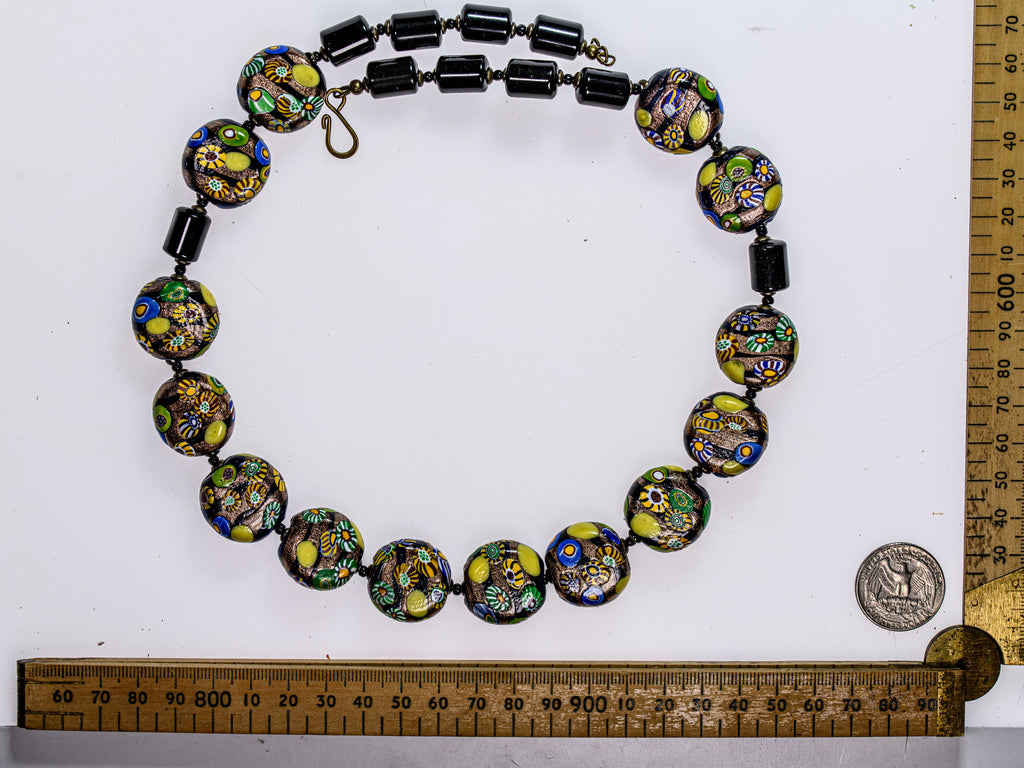 Artisan Necklace of Rare Tabular Murano Millefiori with Aventurina and Obsidian