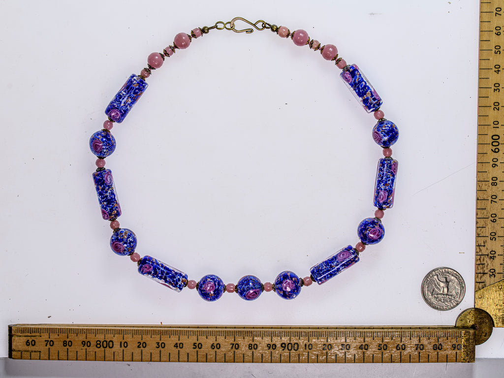 A Necklace of Murano Moretti Blue Aventurine Wedding Cake Glass in Blue and Pink