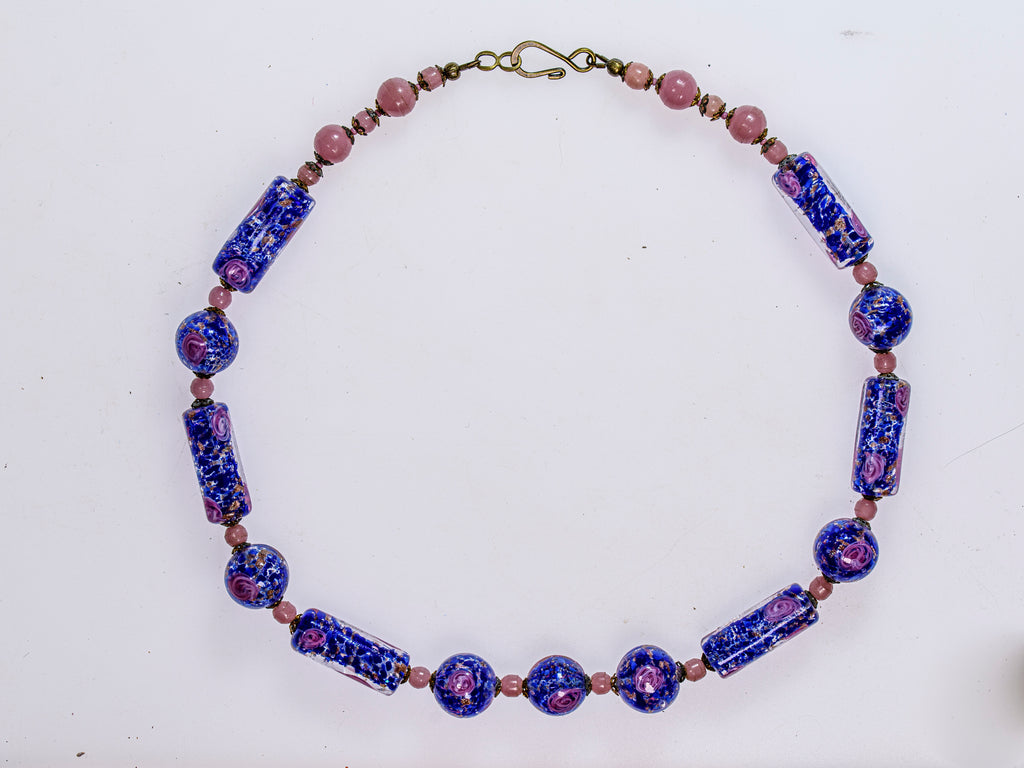 A Necklace of Murano Moretti Blue Aventurine Wedding Cake Glass in Blue and Pink