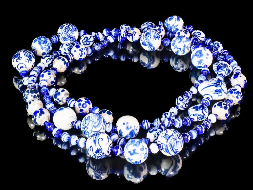 A Long Necklace of Vintage Venetian Glass and Chinese Porcelain Beads in Blue and White
