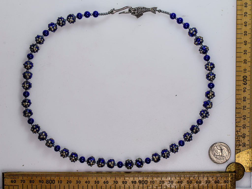 A Necklace of Cobalt Blue Chinese Copper Beads with Silver Accents