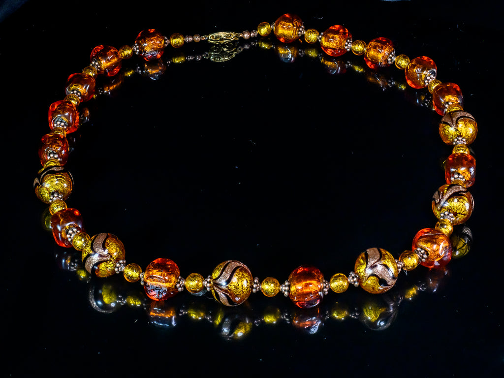 Necklace of Old Bronze Foil  and Gold Foil Murano Glass Beads in Honey Tones