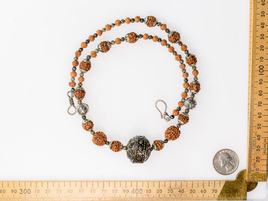 A Necklace of Tibetan Rudraksha Nut Beads and Silver