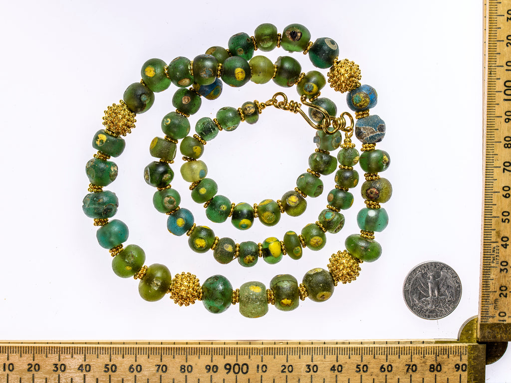 Ancient Islamic Period Rare Green Evil Eye Glass Beads Necklace Gold Vermeil Bali Beads