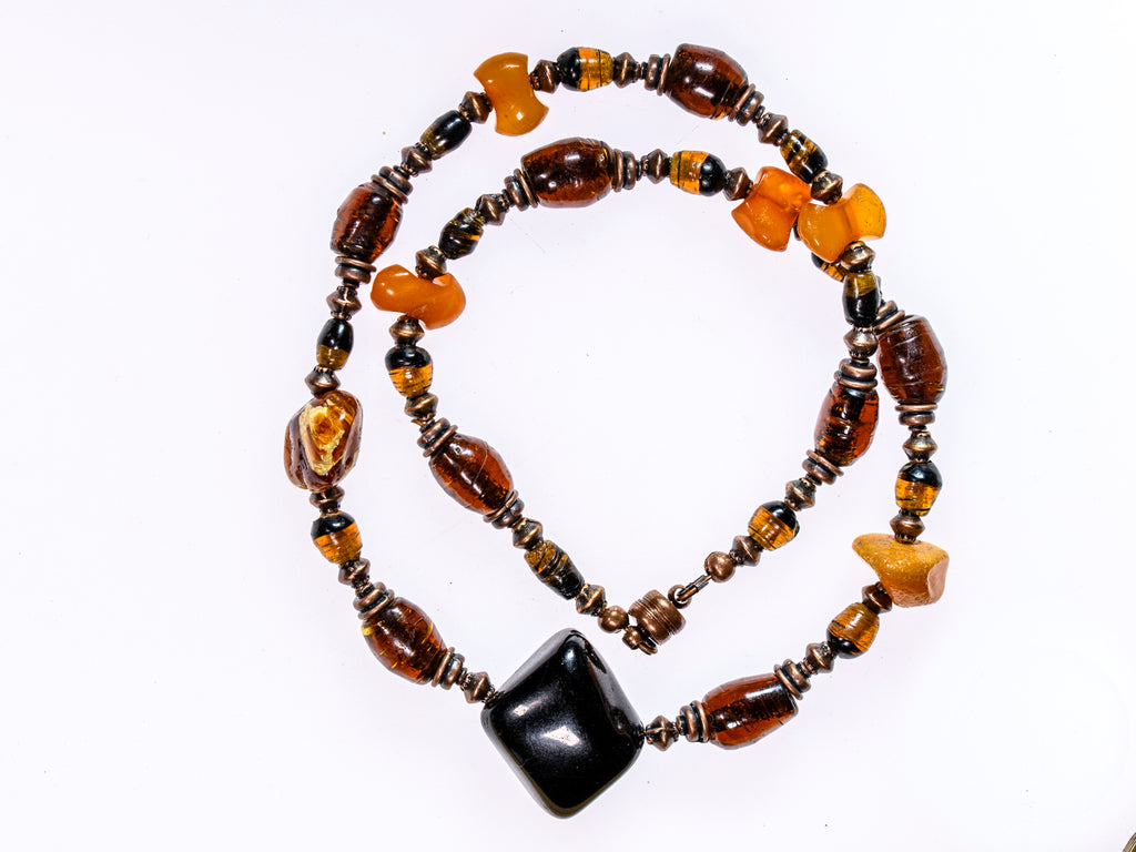 Necklace of Rare Bida Glass Beads from Nigeria and Baltic Amber