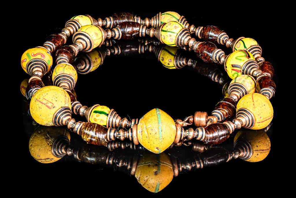 Necklace of Venetian Yellow King Beads and Rare Bida Glass Beads from Nigeria