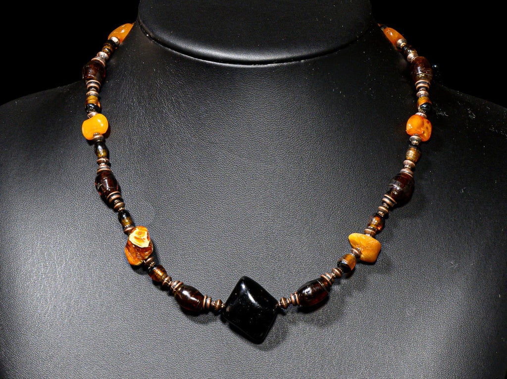 Necklace of Rare Bida Glass Beads from Nigeria and Baltic Amber