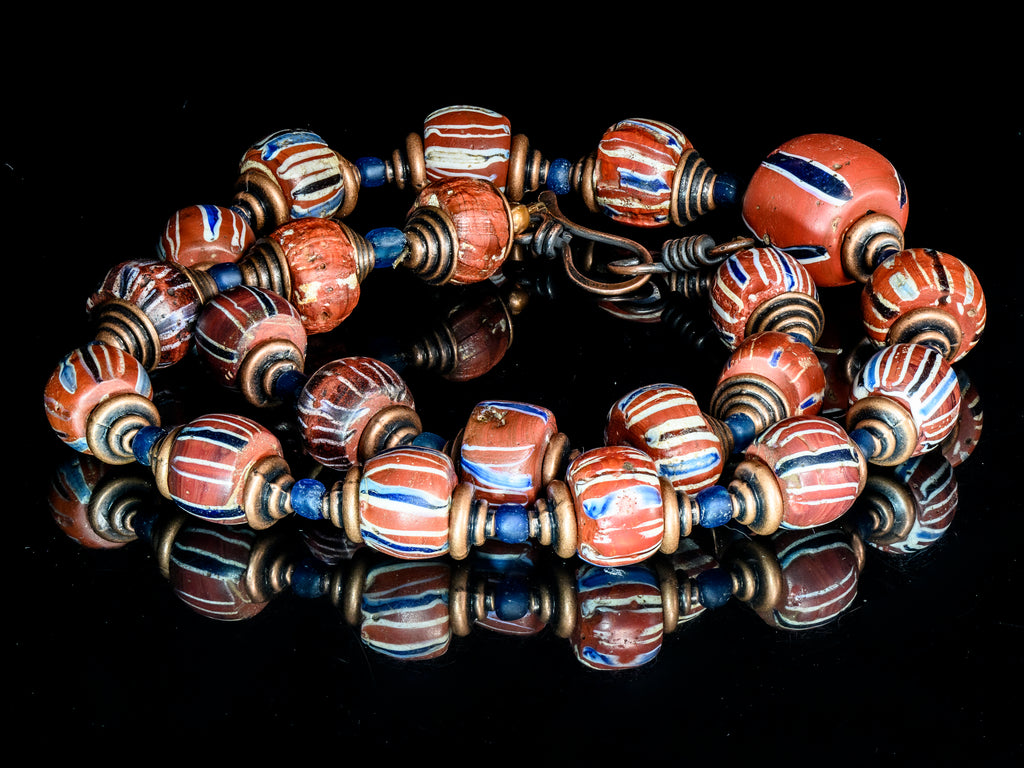 A Necklace of Old Venetian African Trade Beads In Brick Red and Blue With Ancient Blue Spacers
