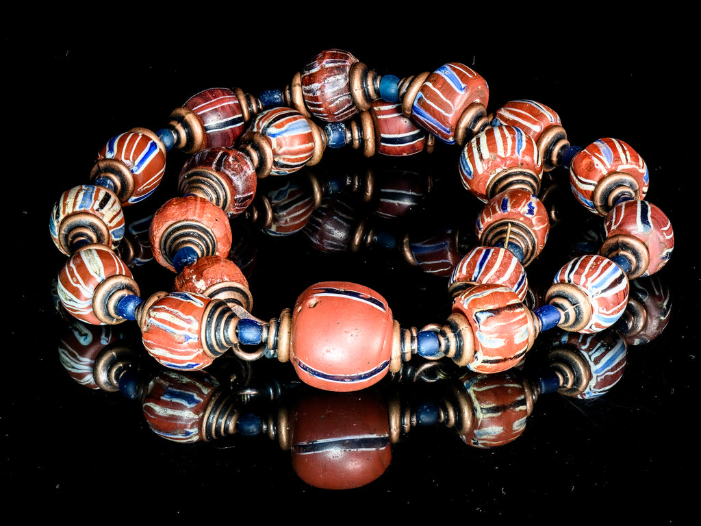 A Necklace of Old Venetian African Trade Beads In Brick Red and Blue With Ancient Blue Spacers