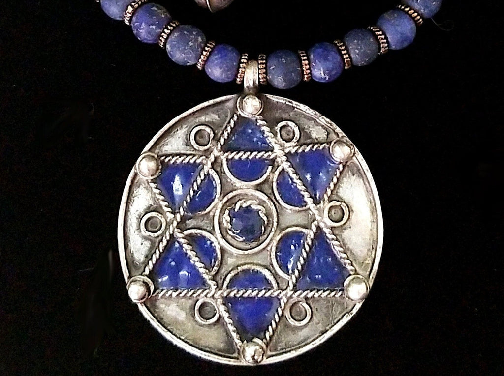 Necklace of Matte Lapis Lazuli, Antique Moroccan Silver and Antique Berber Blue and Silver Star of David  Pendant
