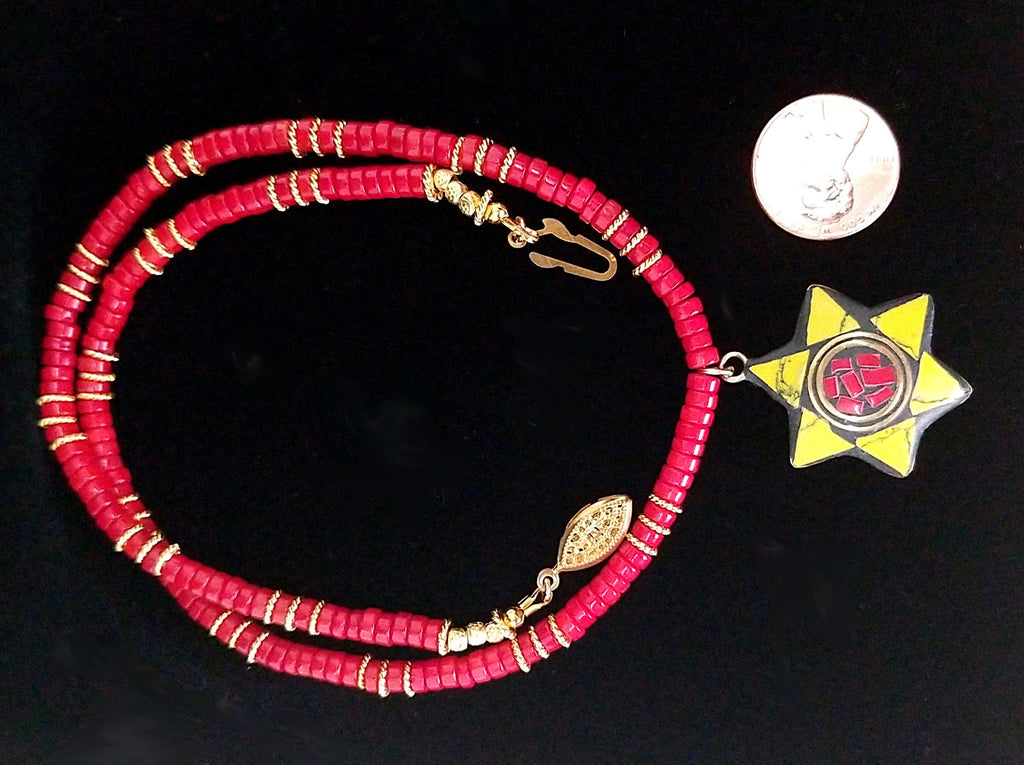 Red Coral, 24K Gold Vermeil and Enamel and Coral Inlay Star of David Necklace