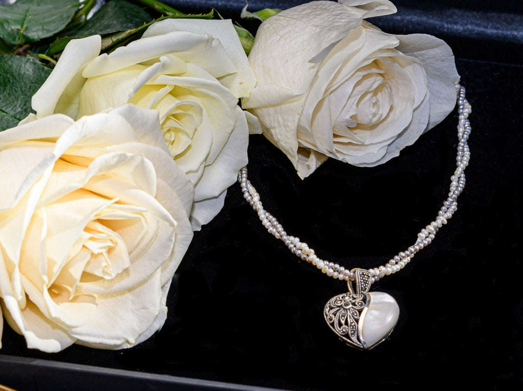 White and Silver-Gray Pearl Necklace With Mother-of-pearl Marcasite Filigree Sterling Silver Heart Pendant
