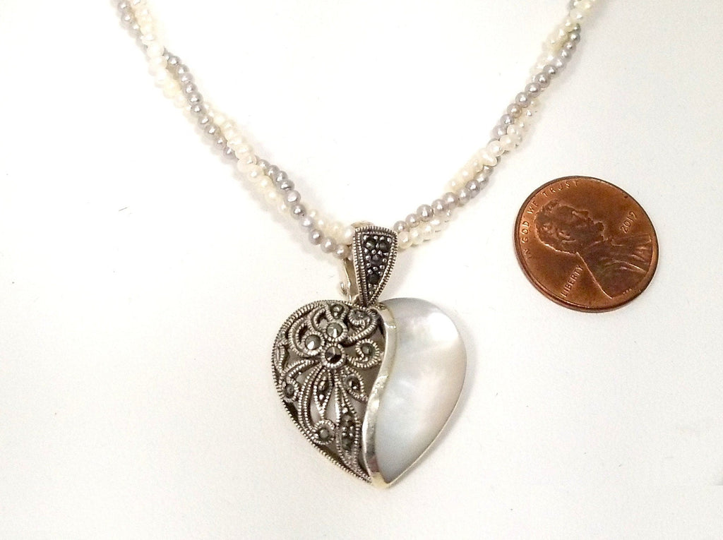 White and Silver-Gray Pearl Necklace With Mother-of-pearl Marcasite Filigree Sterling Silver Heart Pendant