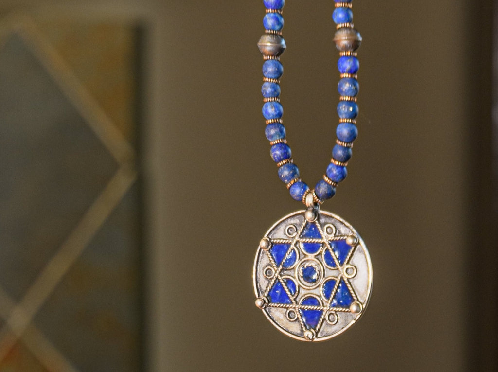 Necklace of Matte Lapis Lazuli, Antique Moroccan Silver and Antique Berber Blue and Silver Star of David  Pendant