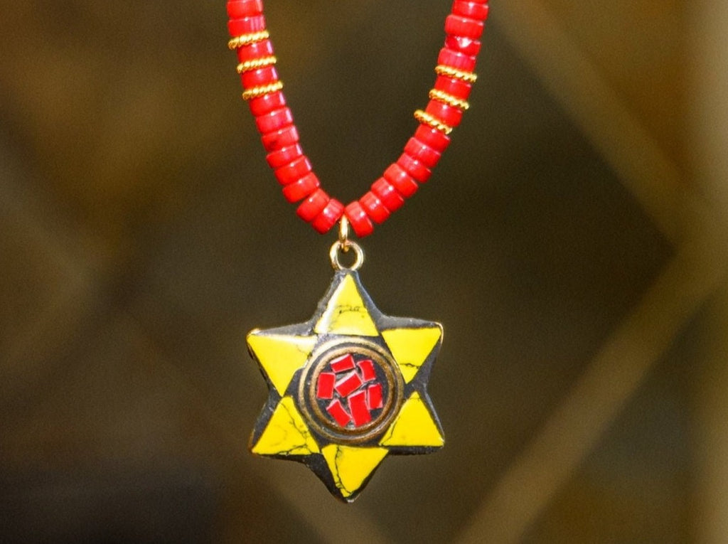 Red Coral, 24K Gold Vermeil and Enamel and Coral Inlay Star of David Necklace