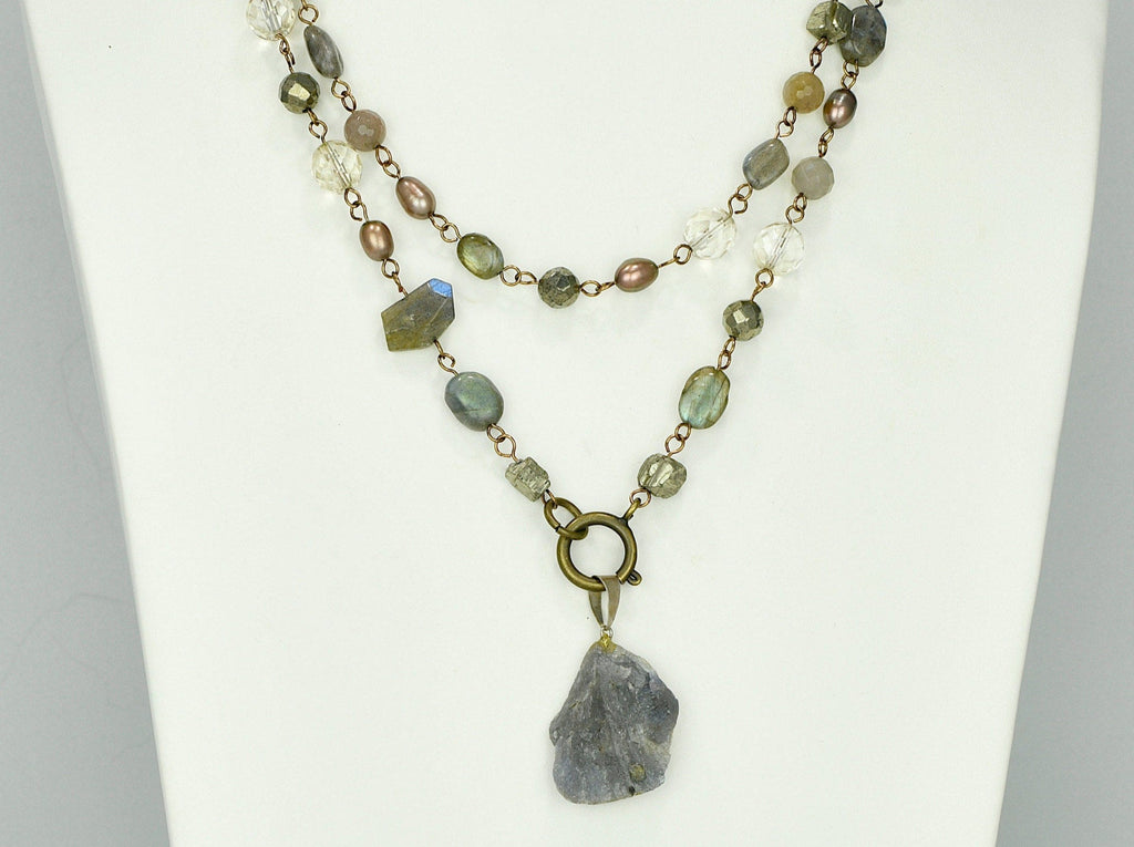 Blue and gray multi-gemstone long necklace with a large natural rough sapphire  pendant