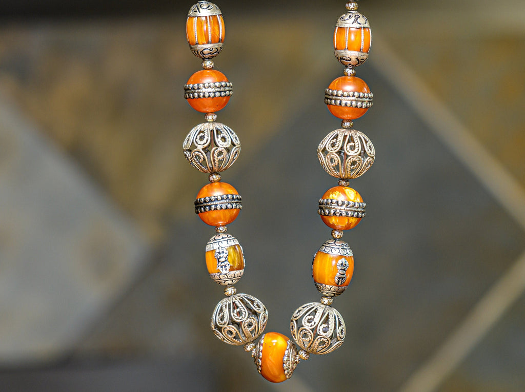 Ethnic-style Silver, Faux Amber Resin and Mother-of-Pearl Over Silver Necklace