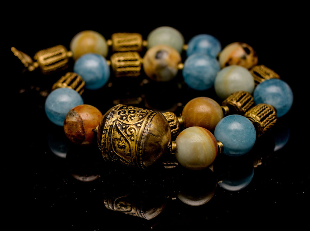Large Bead Blue Aquamarine, Multi-color Amazonite, and Antique African brass beads Necklace