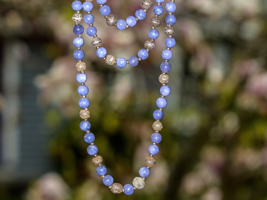 Tanzanite and Mauritanian Antique Silver Necklace with sterling silver and diamond focal bead