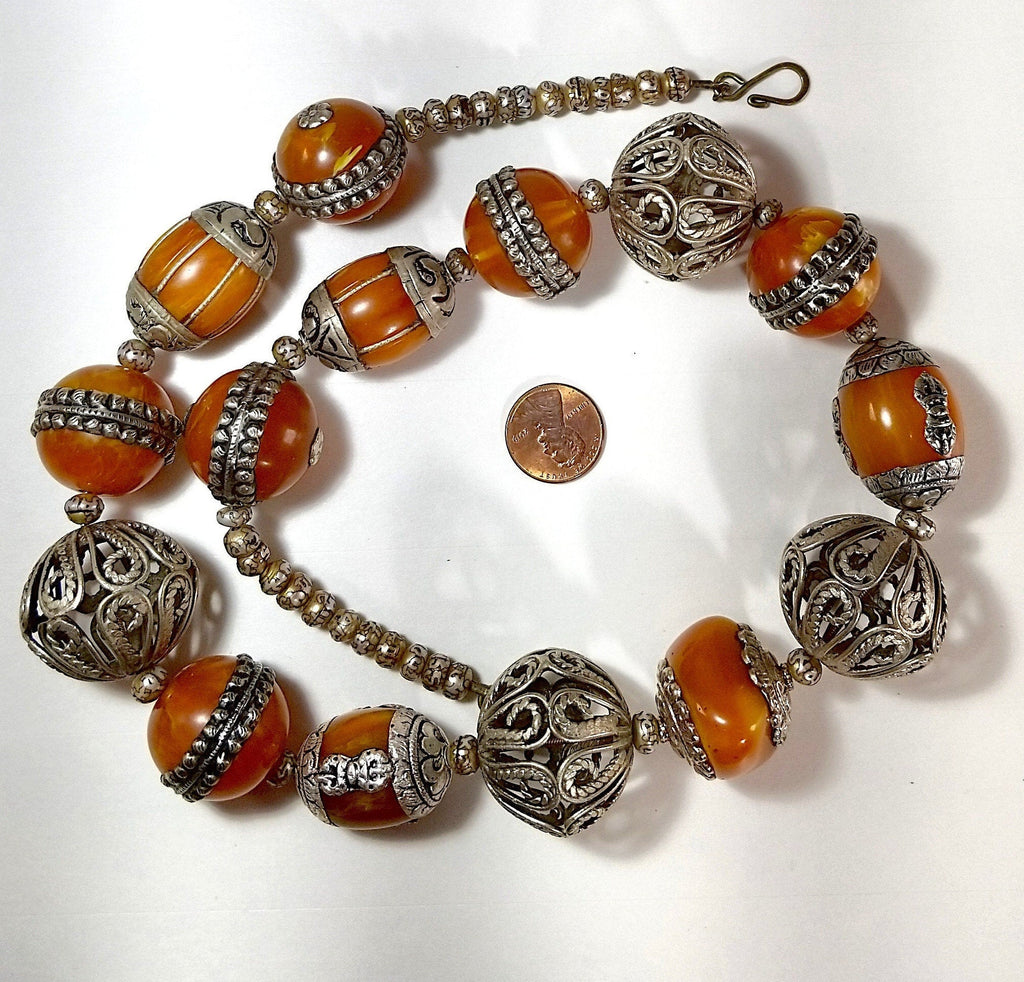 Ethnic-style Silver, Faux Amber Resin and Mother-of-Pearl Over Silver Necklace