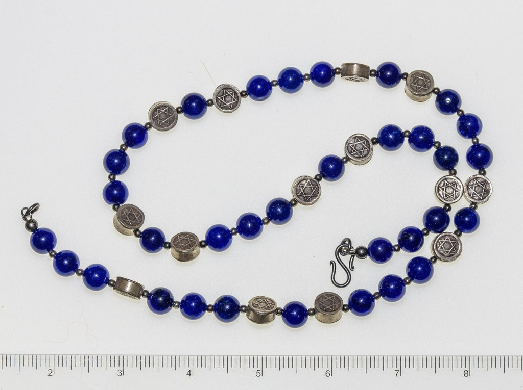 Judaica Necklace with Handmade Karen Hill Silver Star of David Beads and Blue Jade