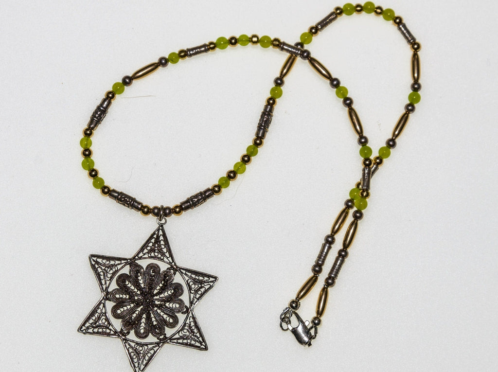 Antique Filigree Sterling Silver Star of David on a Vintage Two-Tone Silver and Peridot Necklace