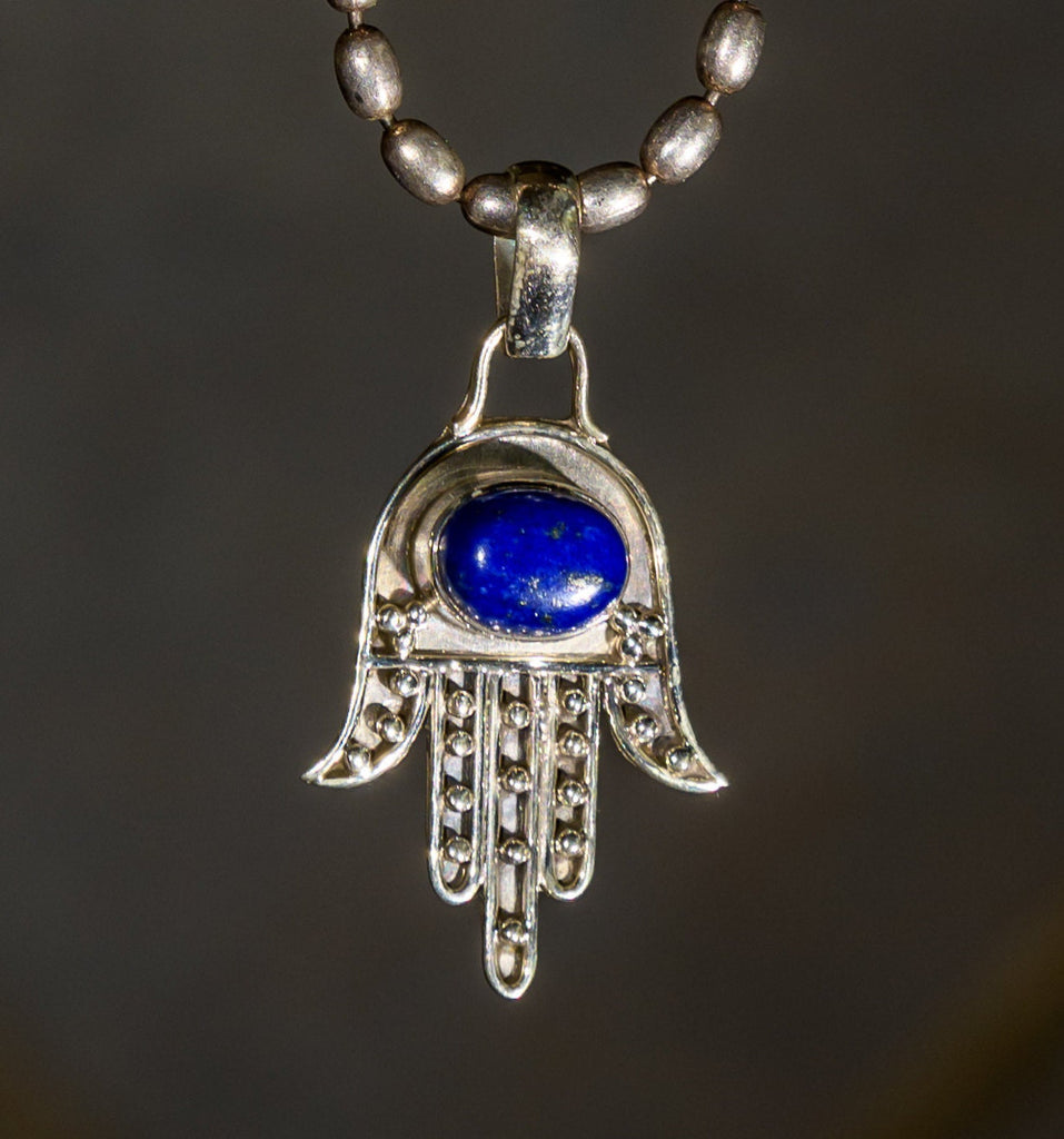 Vintage Sterling Silver and Lapis Lazuli Silver Hamsa Necklace
