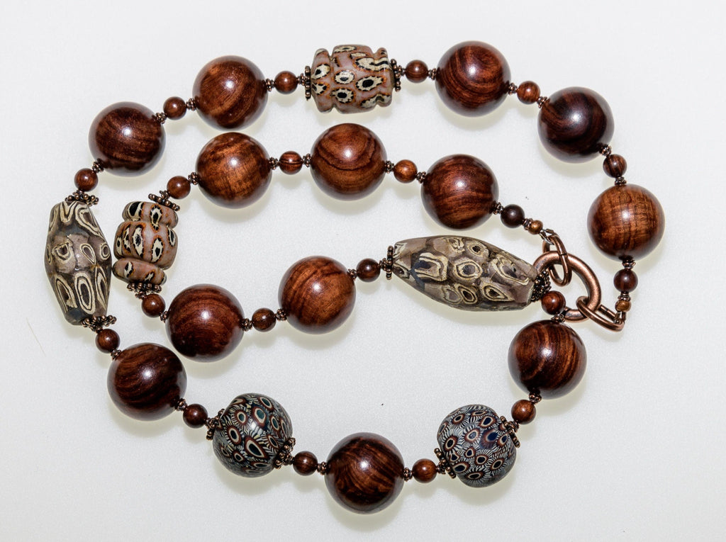 A Necklace of Indonesian Jatim Type Mosaic Beads with Rosewood