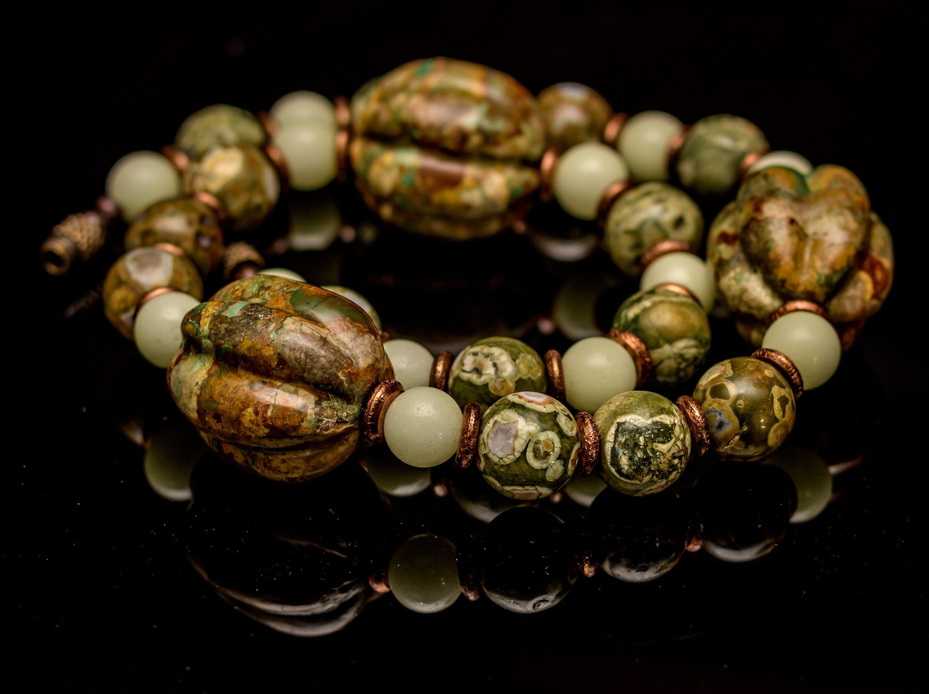 Glow in the Dark Necklace or Rainforest Agate, Chinese Carved Turquois ...