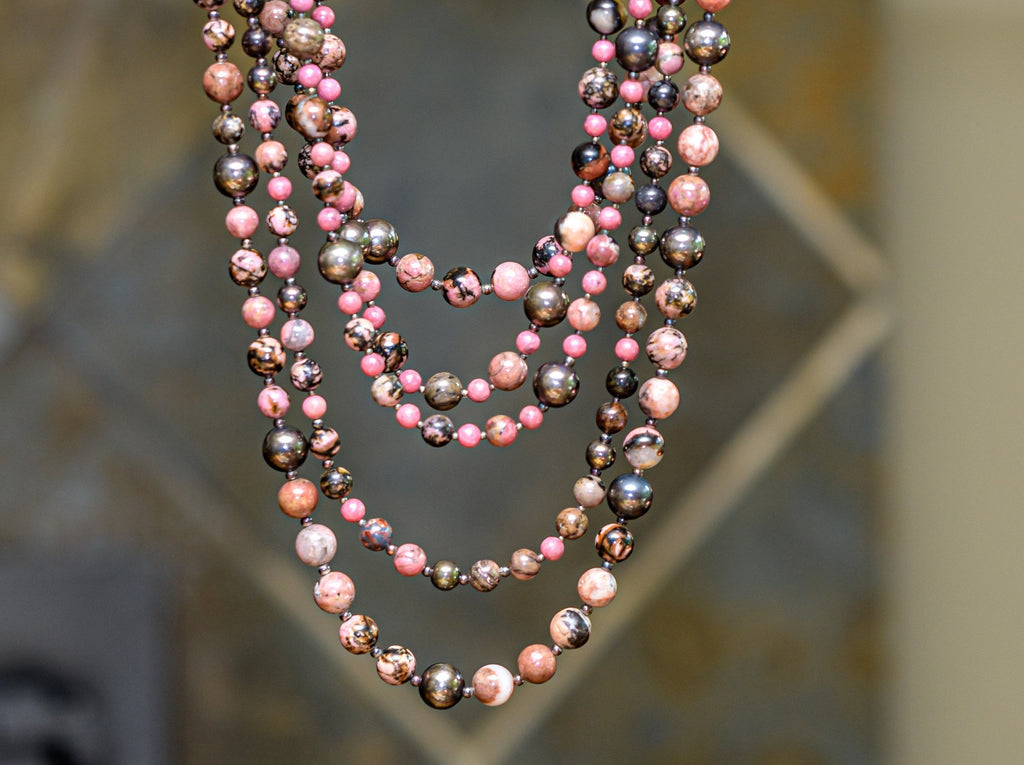 3 Necklace of Pink Rhodonite and Sterling Silver