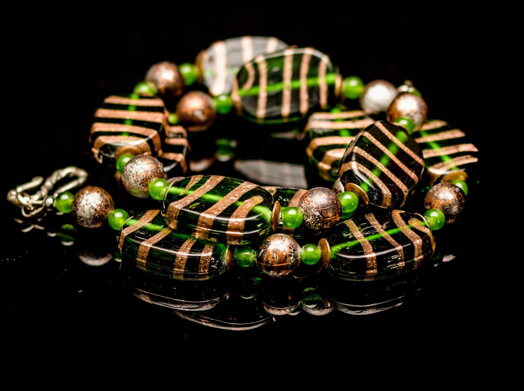 Necklace of Green and Gold Glass, Green Jade,  and Antiqued Copper Beads.