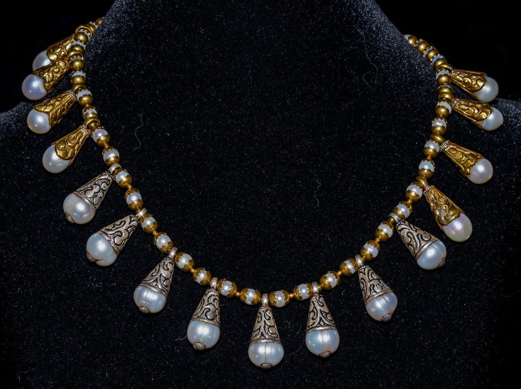 Baroque Freshwater Pearl,  Nepalese Repousse Silver and Brass Necklace