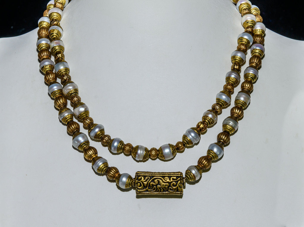 Double-strand Necklace of Ethnic Nepalese Beads and Pearls