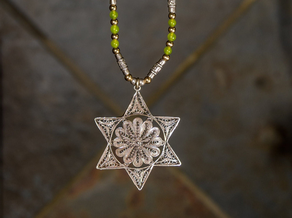 Antique Filigree Sterling Silver Star of David on a Vintage Two-Tone Silver and Peridot Necklace