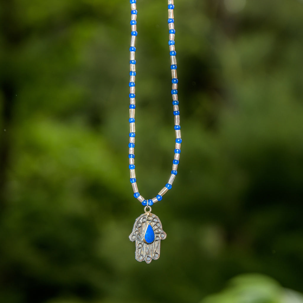 Vintage Silver and Blue Inlay Moroccan  Hamsa Necklace with blue Jade and Ethiopian Silver Metal Beads