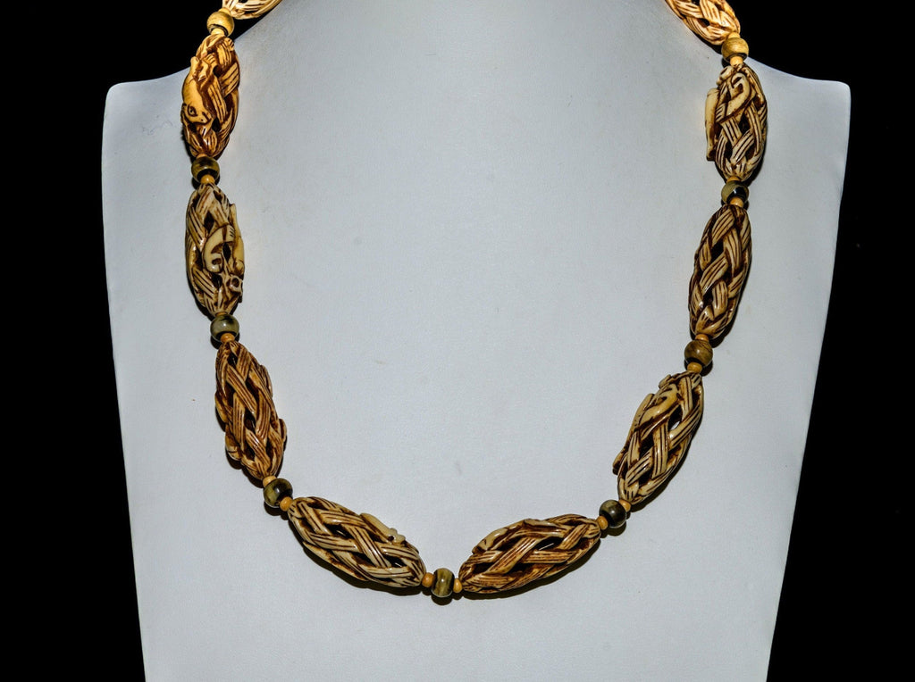 Carved Cattlebone and Bamboo Necklace
