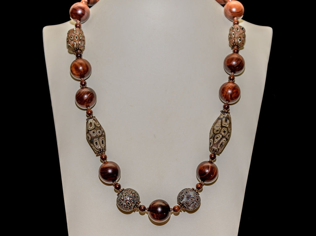 A Necklace of Indonesian Jatim Type Mosaic Beads with Rosewood